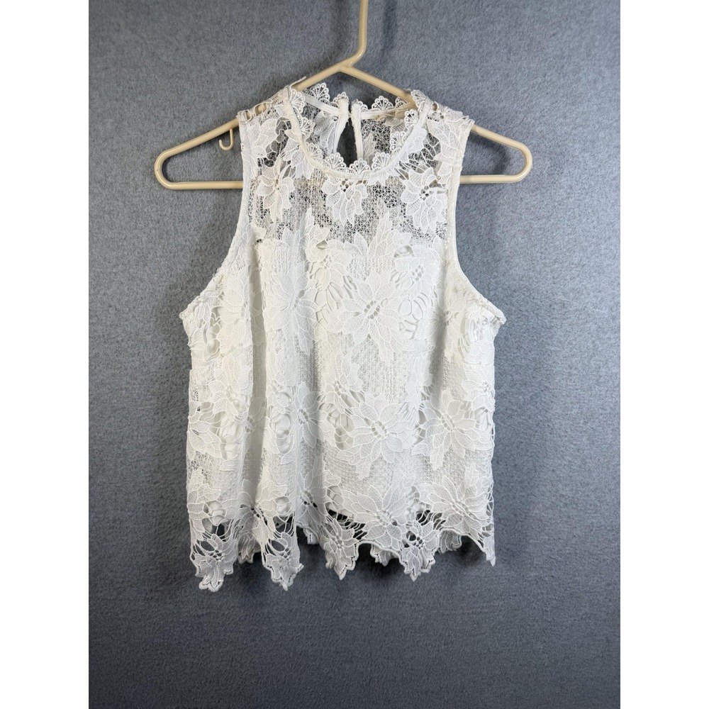 Rebellion Blouse Womens Large White Floral Lace High Neck Sleeveless Boho Top